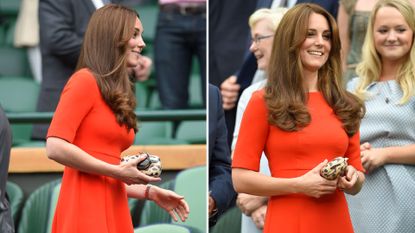 Composite of pictures of Kate Middleton carrying a leopard print clutch and wearing a red dress to Wimbledon in 2015