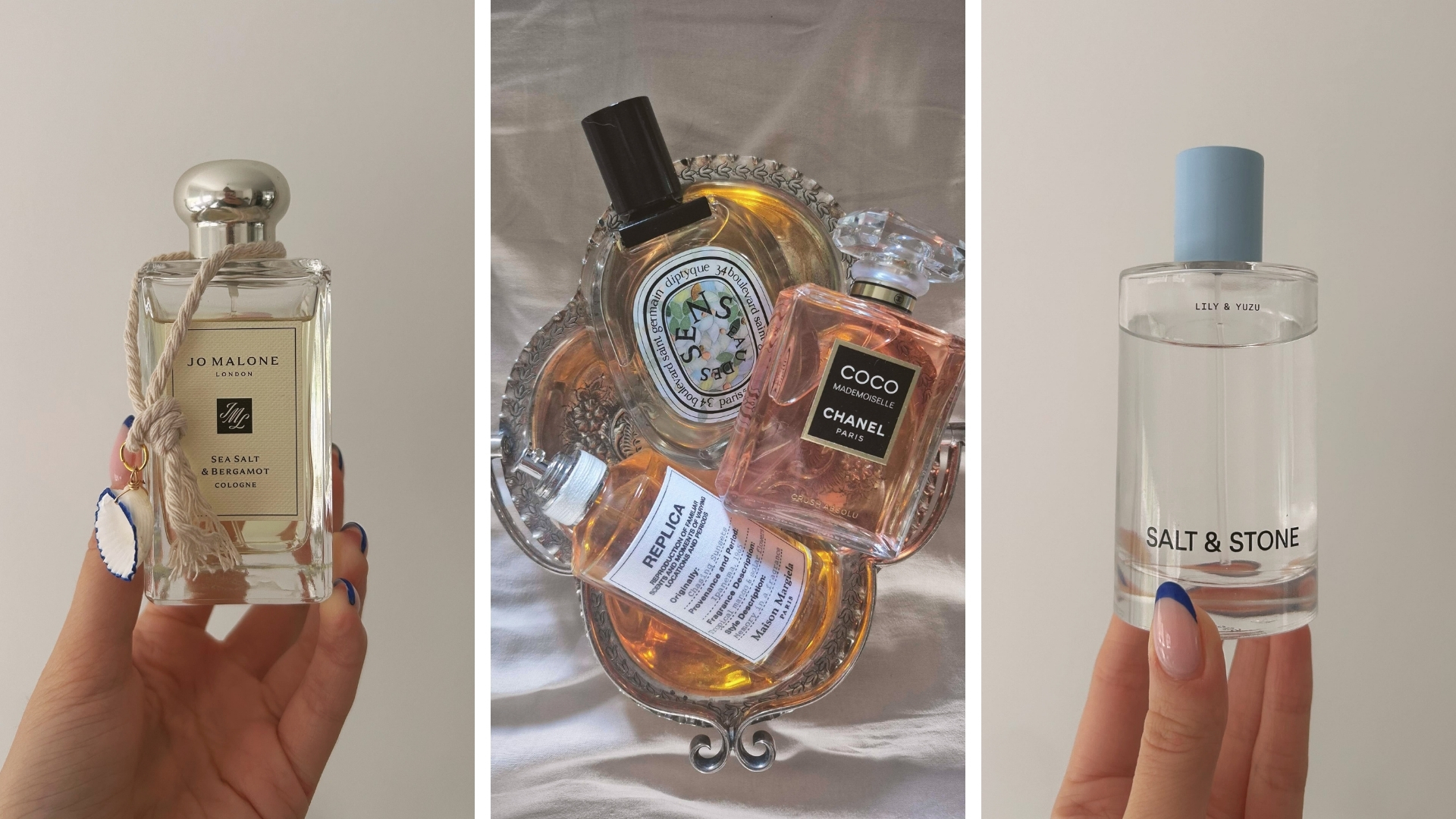 On the left is a close-up of Digital Beauty Writer, Sennen Prickett's hand holding the Jo Malone sea salt &amp;amp; bergamot perfume, following by a picture (in the middle) of the Chanel Coco Mademoiselle Crush Absolu, Diptyque Eau de Sens, and Maison Margiela Chasing Sunset perfumes displayed in a silver dish and on the right, another picture of Sennen holding Salt &amp;amp; Stone's Yuzu and Lily body mist.