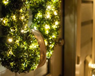 boxwood wreath with lights