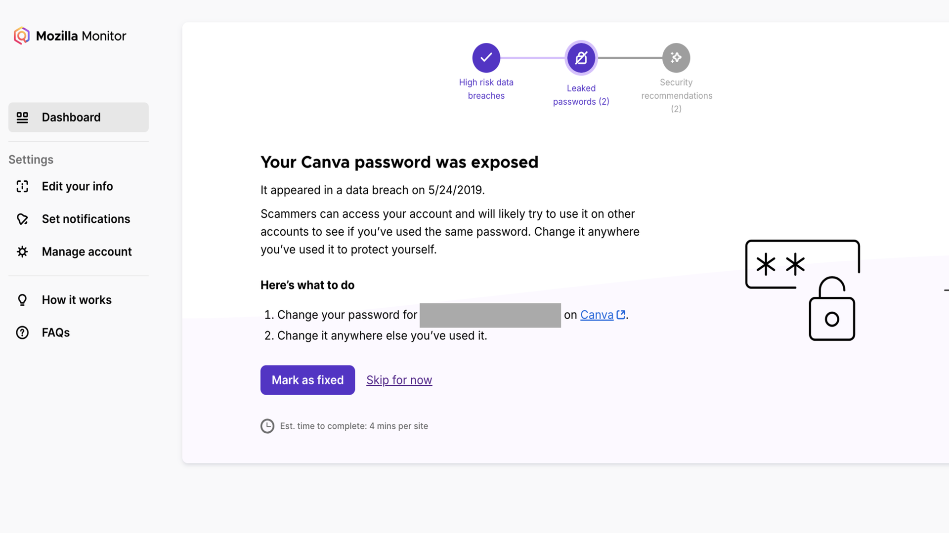 Security recommendations from Mozilla Monitor