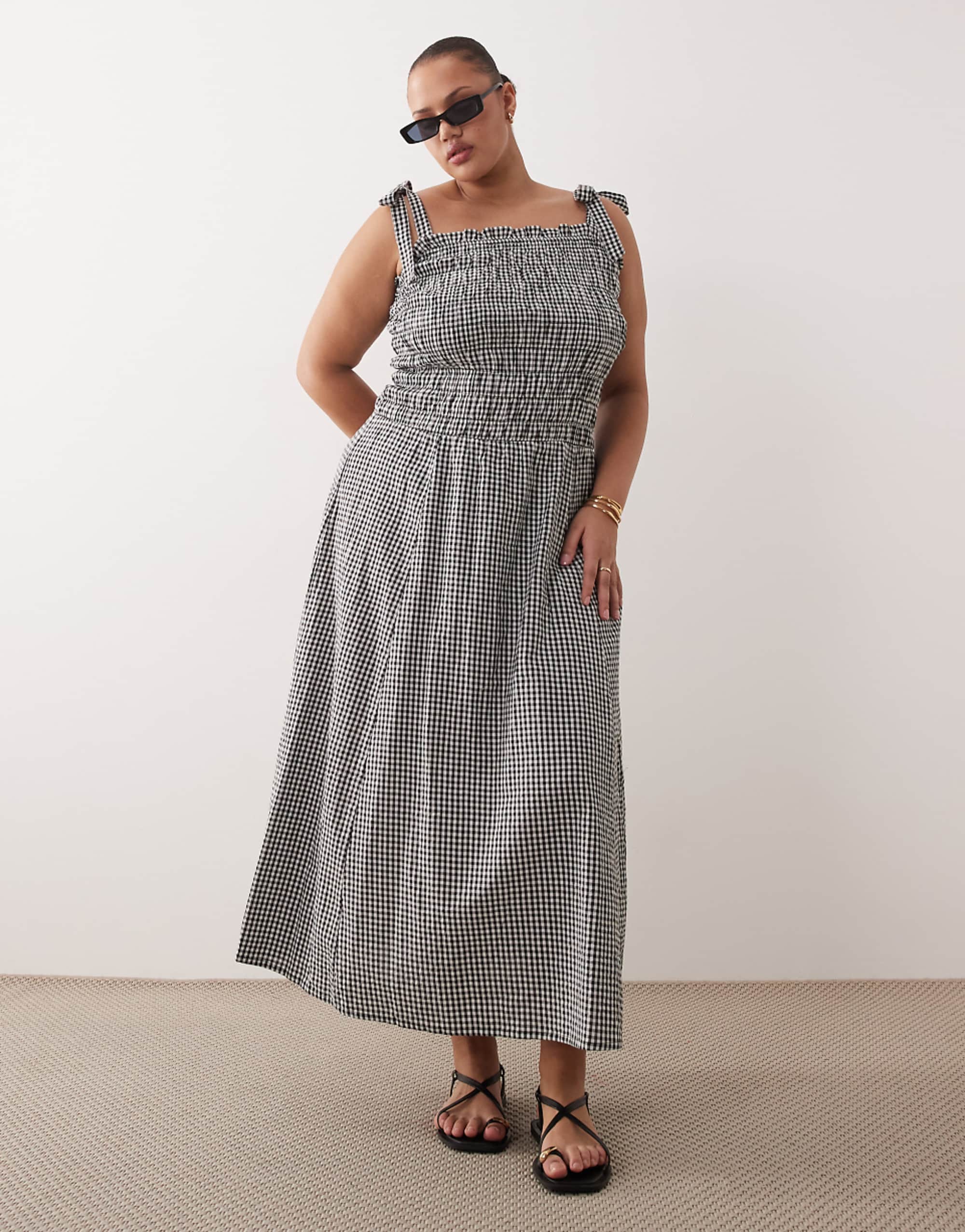 Esmee Curve Tie Straps Shirred Beach Maxi Dress in Black &amp;amp; White Gingham
