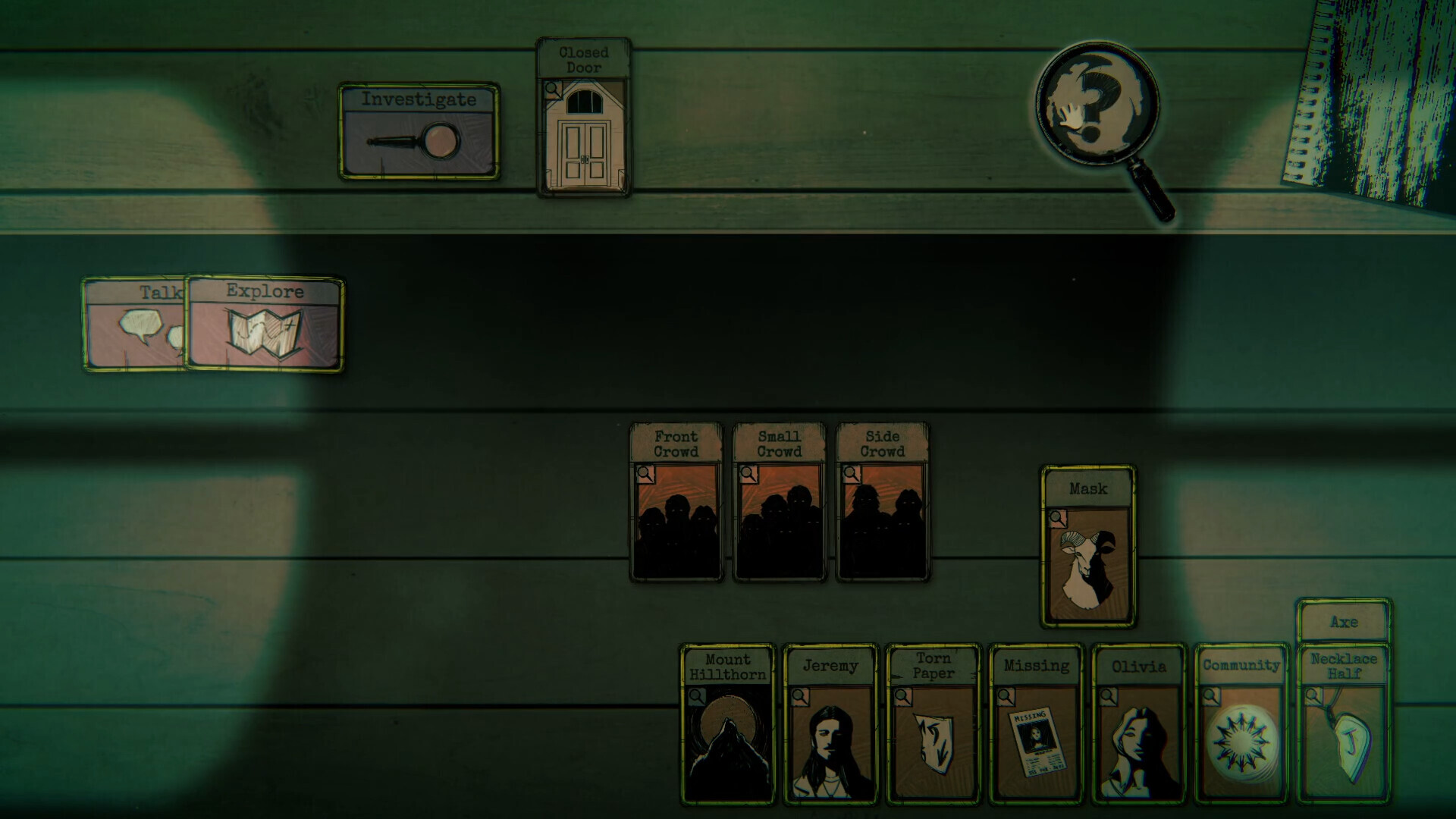 In Lovecraftian detective puzzle game Hillthorn, cards containing clues are laid out on a table, with a magnifying glass in the top right corner that the play can use to investigate