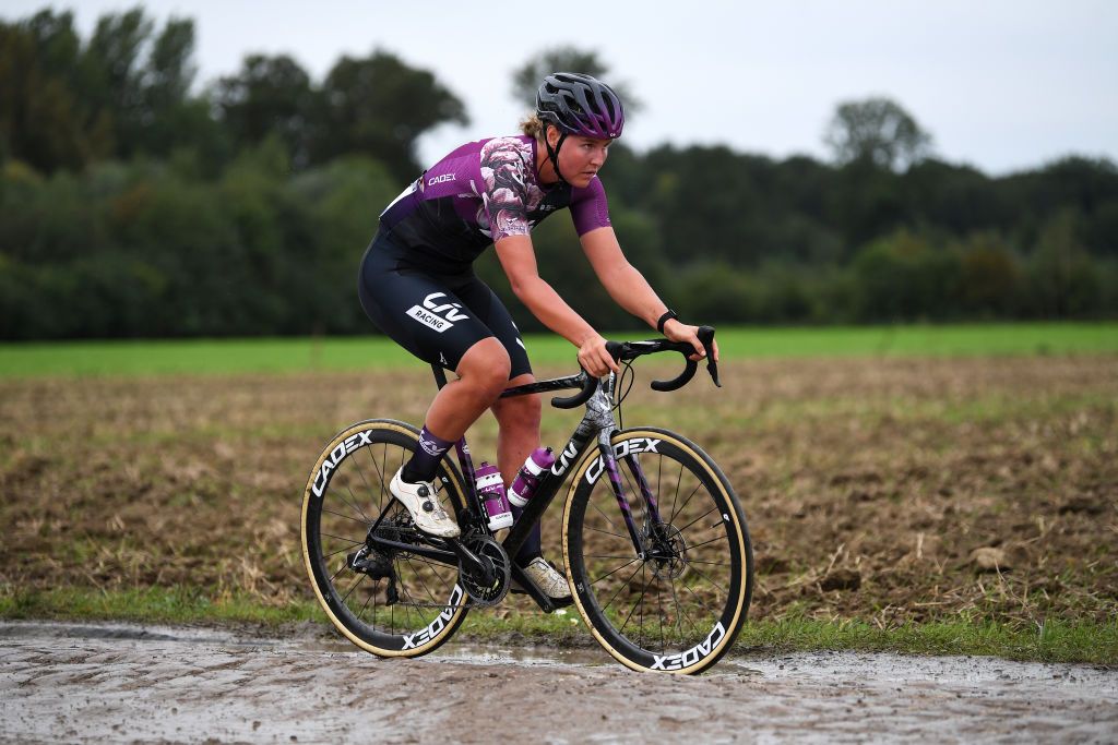 ROUBAIX FRANCE OCTOBER 02 Evy Kuijpers of Netherlands and Team Liv Racing competes through cobblestones sector during the 1st ParisRoubaix 2021 Womens Elite a 1164km race from Denain to Roubaix ParisRoubaixFemmes ParisRoubaix on October 02 2021 in Roubaix France Photo by Tim de WaeleGetty Images