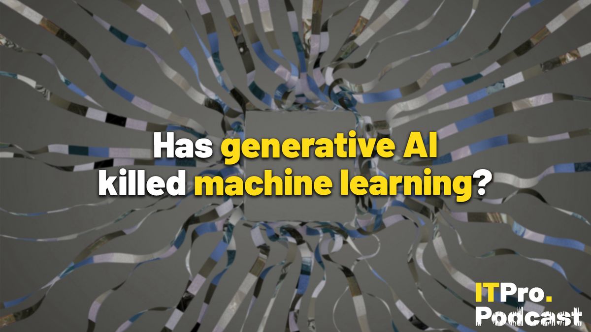 The words ’Has generative AI killed machine learning?’ overlaid on a blurred, desaturated render of ribbons billowing out from a central, square-shaped hole to represent machine learning and AI. Decorative: the words ‘generative AI’ and ‘machine learning’ are in yellow, while other words are in white. The ITPro podcast logo is in the bottom right corner.