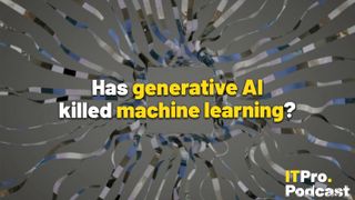 The words ’Has generative AI killed machine learning?’ overlaid on a blurred, desaturated render of ribbons billowing out from a central, square-shaped hole to represent machine learning and AI. Decorative: the words ‘generative AI’ and ‘machine learning’ are in yellow, while other words are in white. The ITPro podcast logo is in the bottom right corner.
