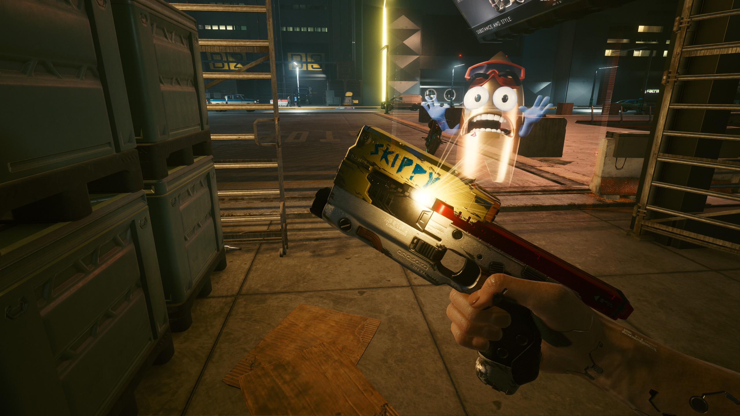 Un arma parlante proyecta un avatar de bala de dibujos animados en Cyberpunk 2077
