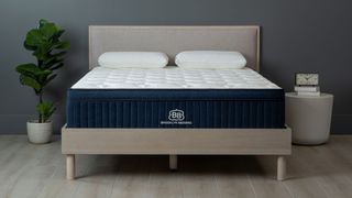 Brooklyn Aurora Luxe mattress on a beige bedframe