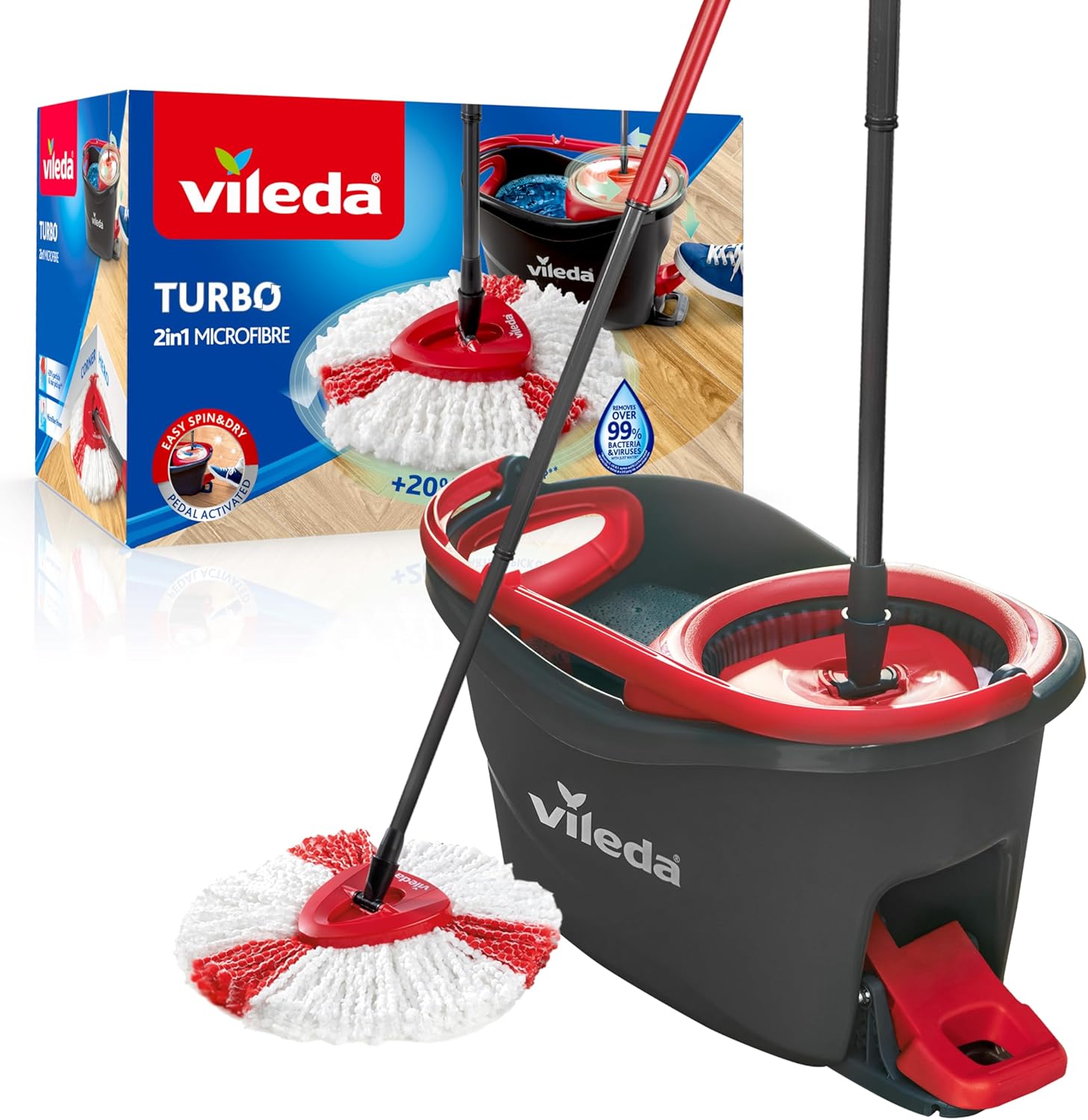 Vileda Turbo 2-In-1 Microfibre Mop and Bucket Set, Spin Mop for Cleaning Floors, Set of 1x Mop and 1x Bucket
