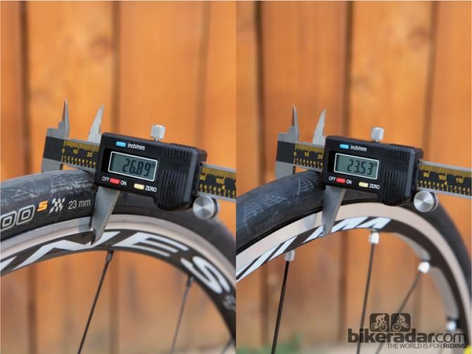 The HED Ardennes Plus SL's extra-wide rim balloons a 23mm-wide Continental Grand Prix 4000 all the way up to nearly 27mm. On a conventional rim (with a 15mm internal width), the same tire measures just 23.5mm across.