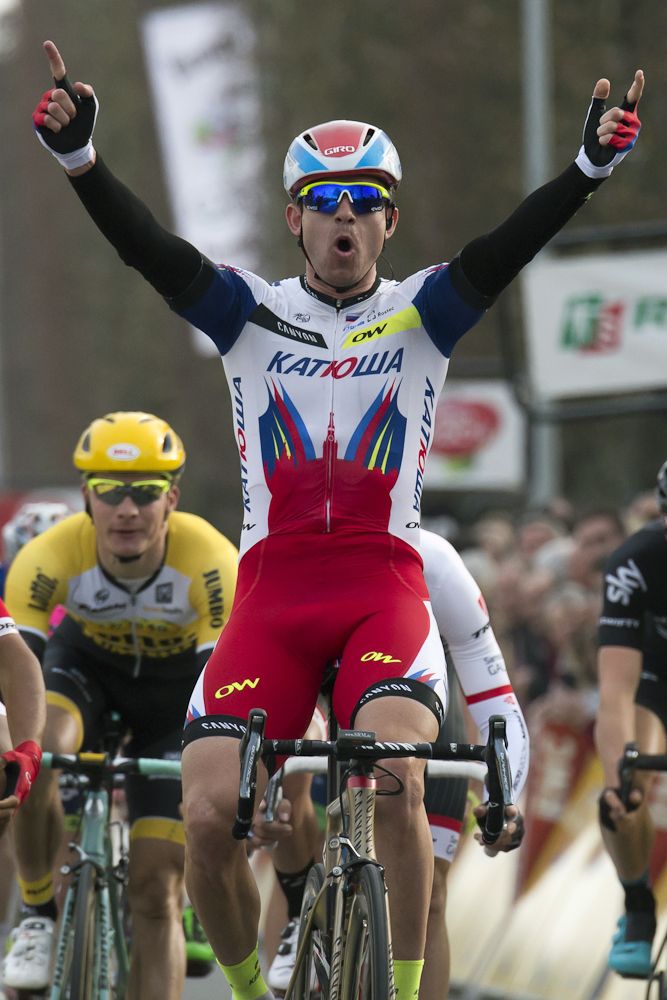 Alexander Kristoff celebrates as he crosses the finish line at the end of the first stage of Paris-Nice.
