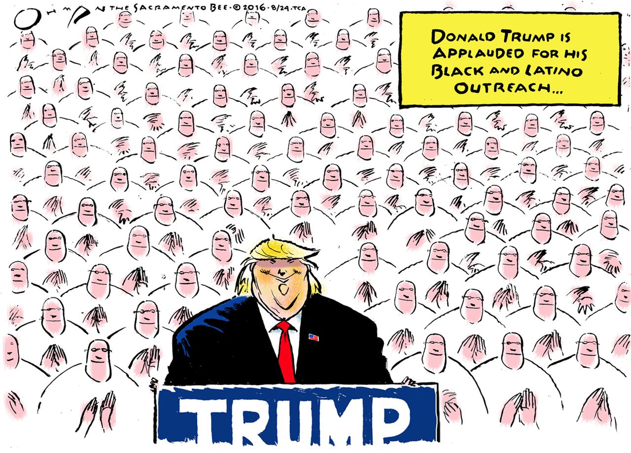 Political cartoon U.S. 2016 election Donald Trump Minority Outreach