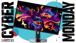 An MSI MAG 321UP gaming monitor on a Cyber Monday background