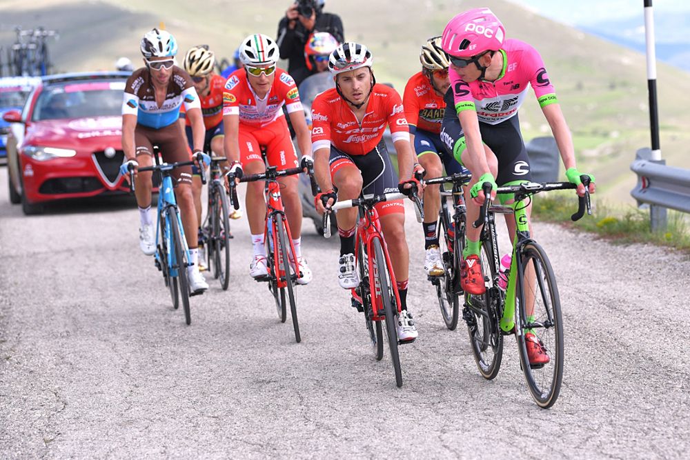 Hugh Carthy of Great Britain and Team EF Education First-Drapac leads the breakaway up the final climb of stage 9