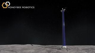 A rendering showing a large blue tower-shaped object on the surface of the moon