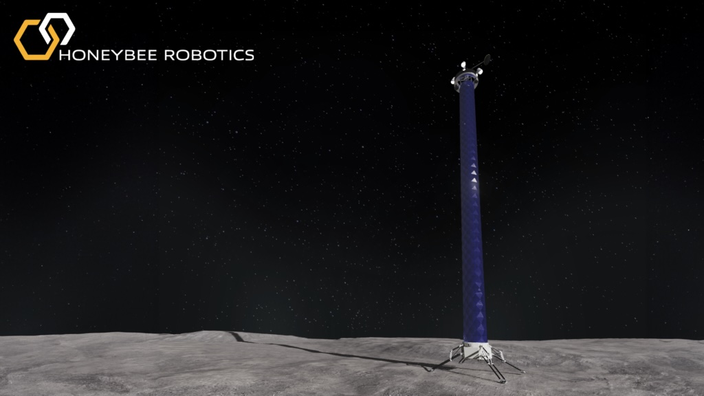 A rendering showing a large blue tower-shaped object on the surface of the moon