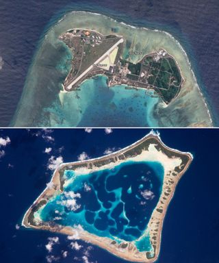 The study was based on an examination of waves on Roi-Namur island (top), which hosts a U.S. military base. But some scientists say its findings don’t apply to typical atolls, such as the Atafu atoll in the Pacific Ocean (bottom).