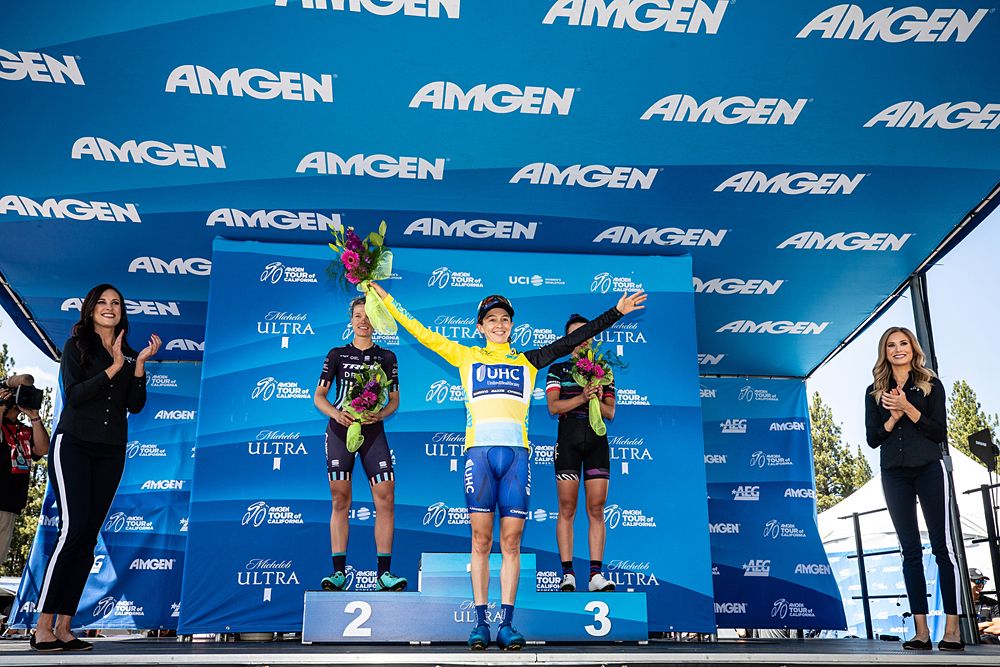 Katharine Hall of The United States and UnitedHealthcare Pro Cycling Team takes the leaders jersey after winning stage 2 of the Amgen Tour of California Women's Race