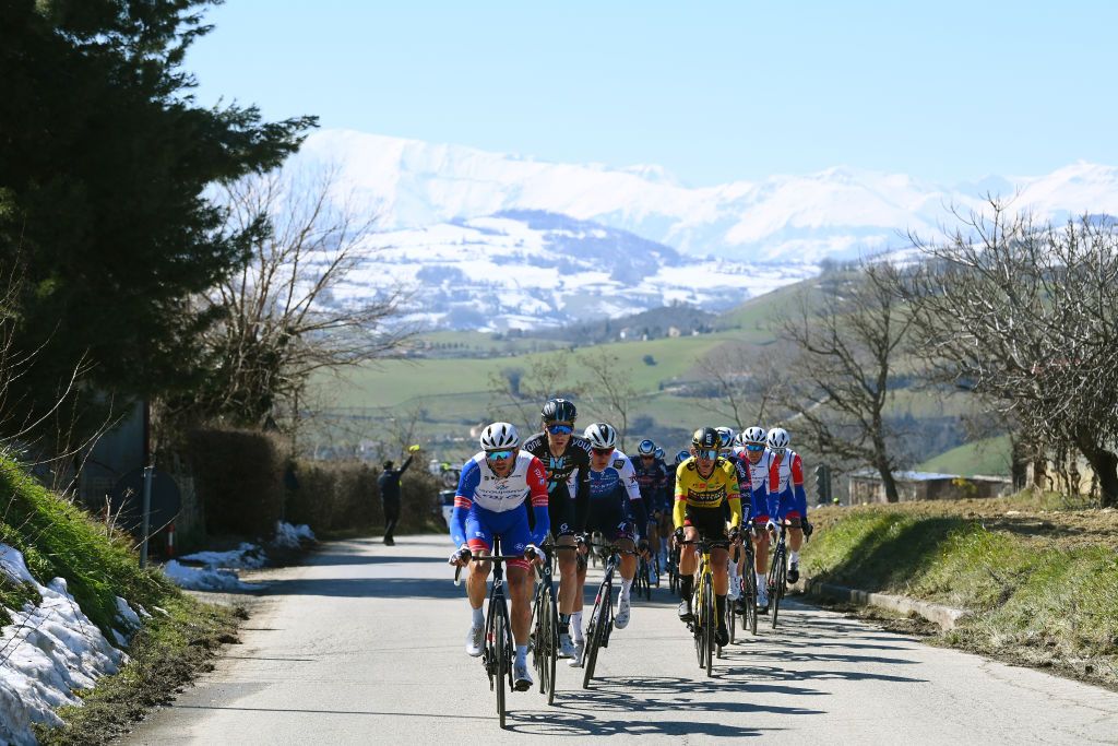 SAN BENEDETTO DEL TRONTO ITALY MARCH 13 Antoine Duchesne of Canada and Team Groupama FDJ leads The Peloton during the 57th TirrenoAdriatico 2022 Stage 7 a 159km stage from San Benedetto del Tronto to San Benedetto del Tronto TirrenoAdriatico WorldTour on March 13 2022 in San Benedetto del Tronto Italy Photo by Tim de WaeleGetty Images