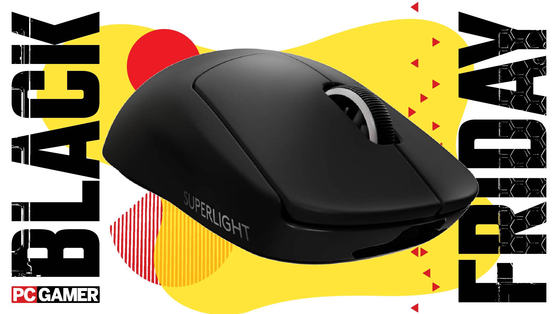A black Logitech G Pro X Superlight gaming mouse on a custom Black Friday background.