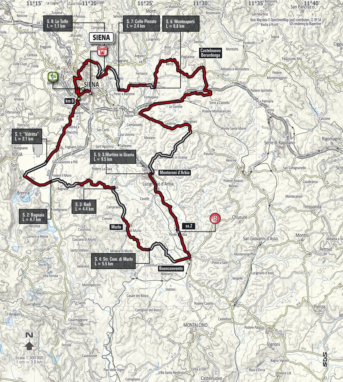 The route of the 2017 Strade Bianche Women.