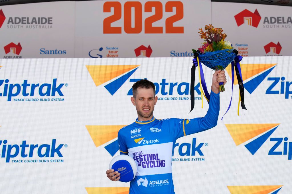 WILLUNGA HILL AUSTRALIA JANUARY 29 Benjamin Dyball of Australia and Team Aus Ii celebrates winning the Sprint Jersey on the podium ceremony after the 2nd Santos Festival Of Cycling 2022 Mens Elite Stage 3 a 1132km stage from McLaren Vale to Willunga Hill 224m TourDownUnder on January 29 2022 in Willunga Hill Australia Photo by Daniel KaliszGetty Images
