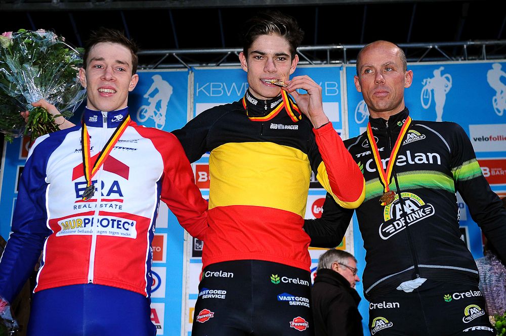 The 2016 Belgian elite men's podium with Sweeck, Van Aert and Nys.
