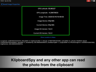 Un ejemplo de información de localización geográfica obtenida de una imagen copiada en el portapapeles por Klipboard Spy.