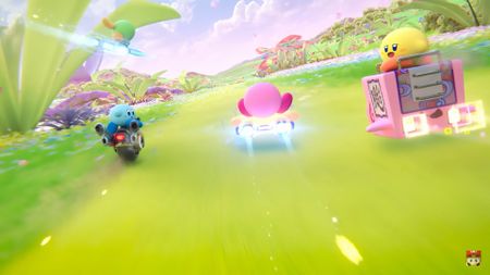 Kirby Air Riders screenshot of a blue, green, yellow, and pink Kirby on different Air Ride Machines