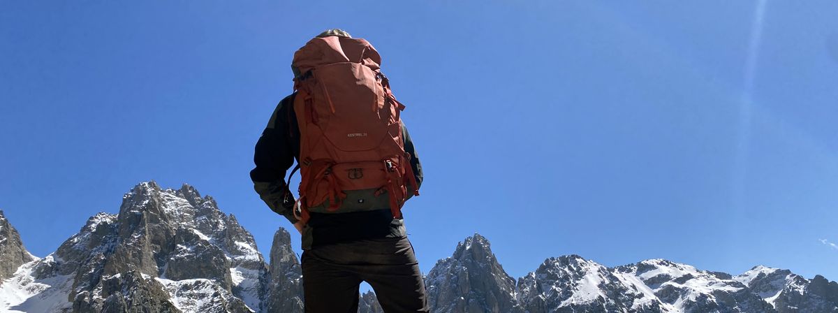 Alex in the Dolomites with Osprey Kestrel 38 backpack