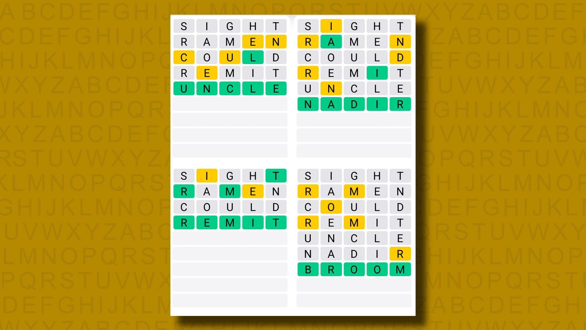 Quordle answers for game 1269 on a yellow background