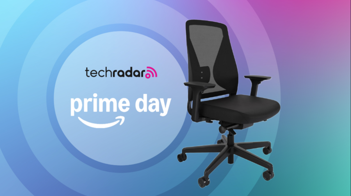 Vari office chair on a rainbow background next to a TechRadar badge reading &#039;Prime Day&#039;