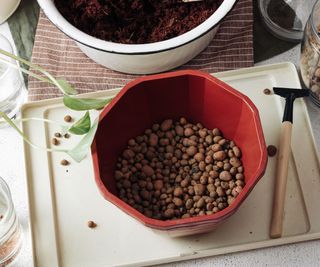 pebbles at base of pot to be filled with compost