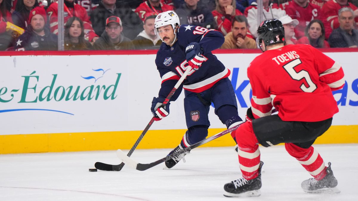 Vincent Trocheck #16 of Team United States shoots the puck during the third period of the 4 Nations Face-Off game between the United States and Canada