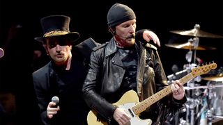 Bono and The Edge of U2 perform on stage during the "eXPERIENCE & iNNOCENCE" tour at Madison Square Garden on July 1, 2018 in New York City. 