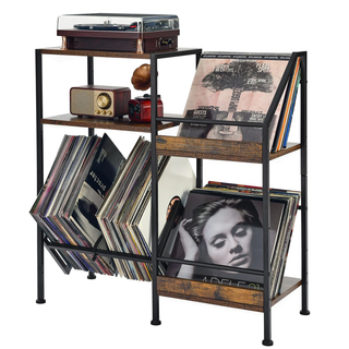 Vinyl record storage shelves.