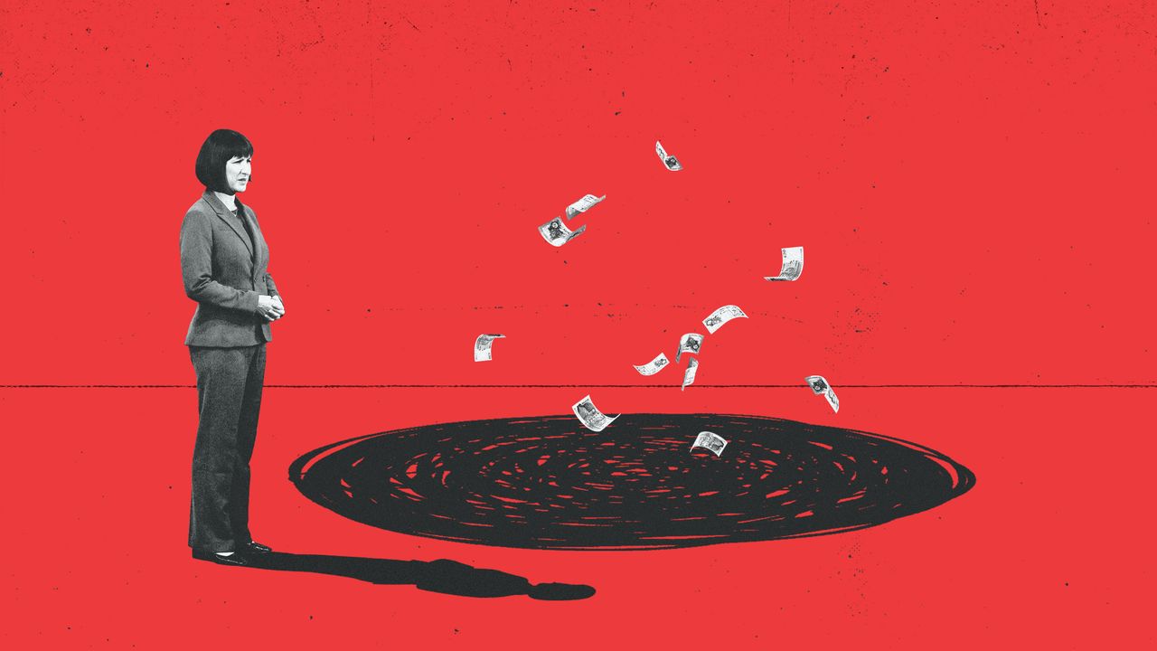 Illustration of Rachel Reeves standing next to a bottomless pit, with paper money floating above