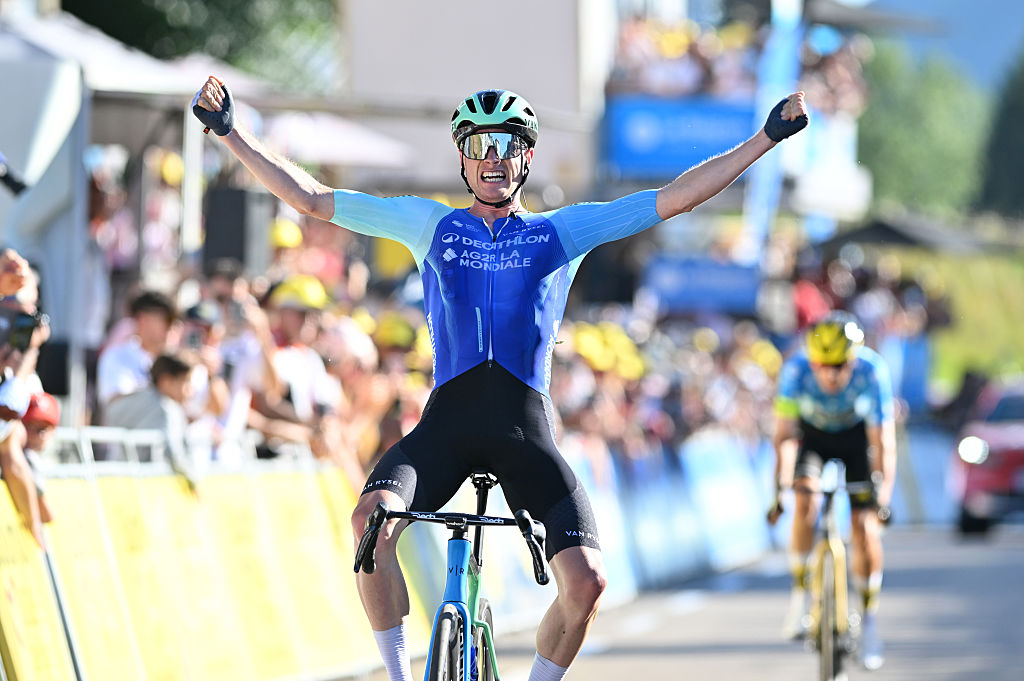 LELEX MONTS-JURA, FRANCE - AUGUST 07: Nicolas Prodhomme of France and Team Decathlon AG2R La Mondiale celebrates at finish line as stage winner during the 37th Tour de l&#039;Ain 2025, Stage 2 a 153km stage from Saint-Vulbas to Lelex Monts-Jura on August 07, 2025 in Lelex Monts-Jura, France. (Photo by Billy Ceusters/Getty Images)
