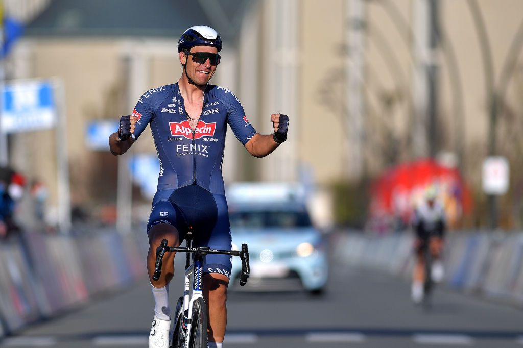 KOKSIJDE BELGIUM MARCH 19 Arrival Jonas Rickaert of Belgium and Team AlpecinFenix Celebration during the 19th Bredene Koksijde Classic 2021 a 199km race from Bredene to Koksijde BredeneKoksijde on March 19 2021 in Koksijde Belgium Photo by Luc ClaessenGetty Images