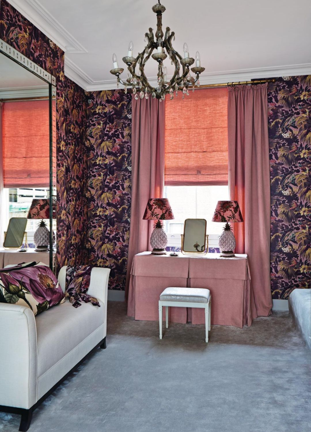 picture of maximalist room with chanedlier and bird wallpaper