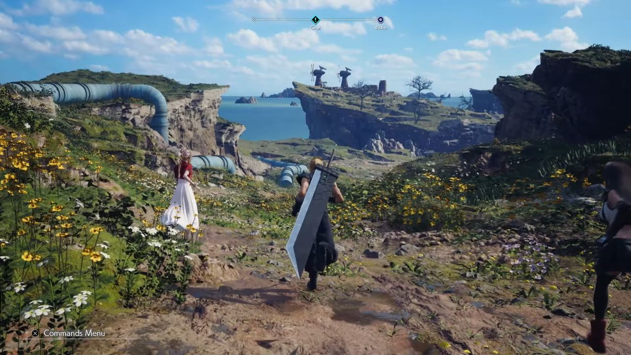 Cloud Strife walking through meadow