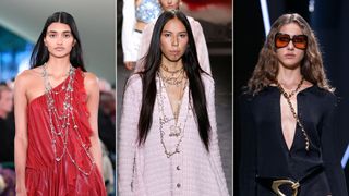 Three models wearing boho long necklaces to illustrate jewellery trends 2024