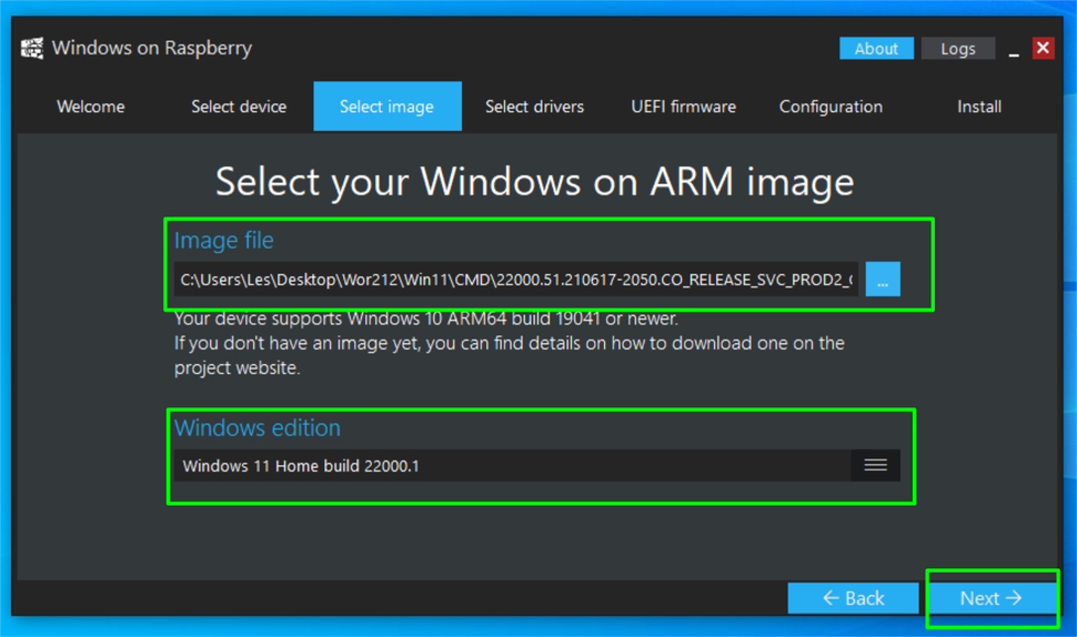Select image Windows 10 ARM