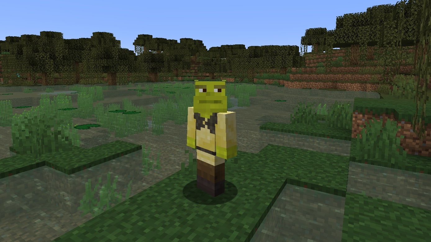 A funny Minecraft skin of Shrek with a frown, wearing his shirt, vest, and pants
