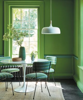 Color drenched bright green walls, upholstered metal chairs, rug, circular 70s white table, white pendant, vase of foliage,