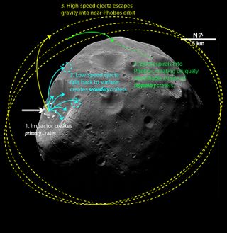 This image shows the sequence of events that create chains of craters on the Martian moon Phobos after an impactor strikes. (Orbital illustrations not drawn to scale)