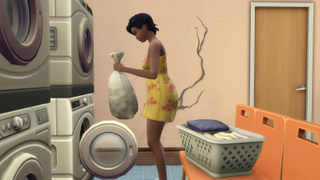 The Sims 4 - A sim in a laundromat small business puts her clothes in a washer