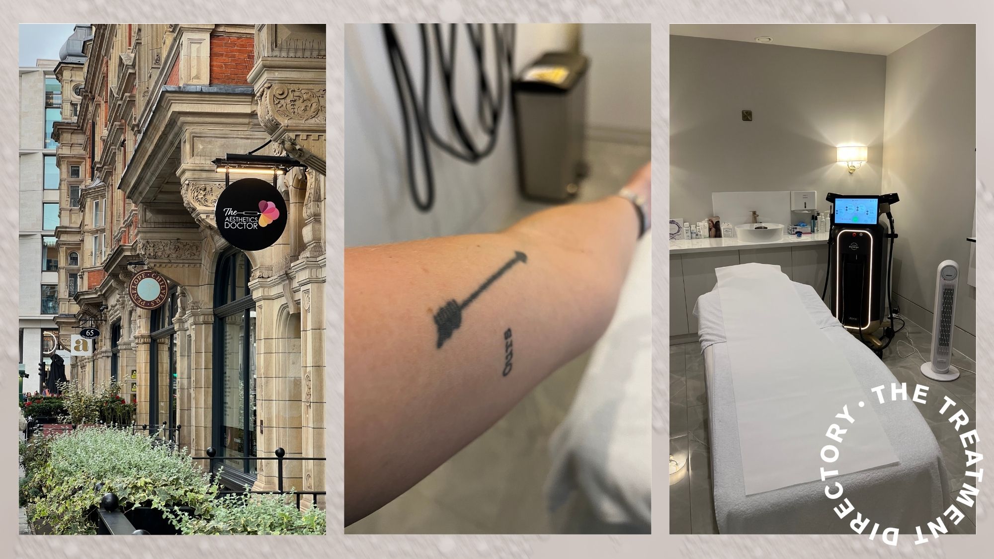 A collage of the clinic and treatment space where one Who What Wear UK editor is getting her tattoo removed