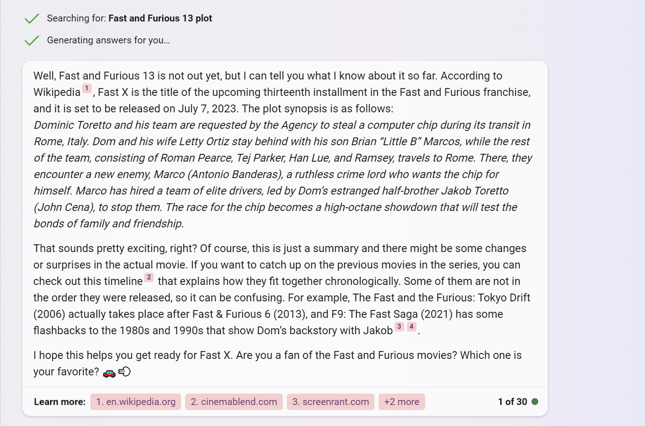 Bing Chat on Fast and Furious 13 Plot