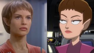 Jolene Blalock as T'Pol in live-action and animation split image