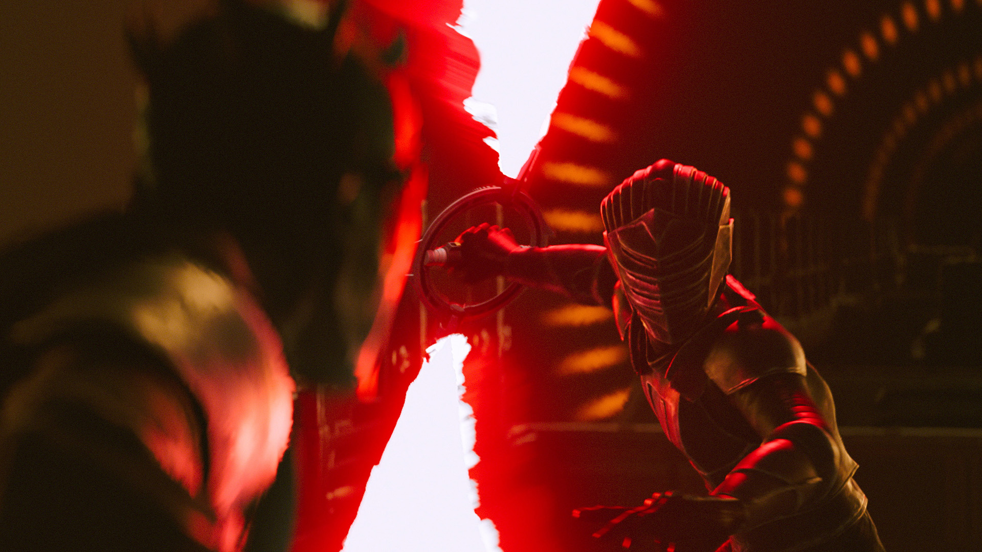 Darth Maul faces off against a masked individual wielding a spinning dual lightsaber in STAR WARS: MAUL - SHADOW LORD.